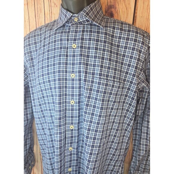 Peter Millar Mens Blue Plaid Shirt Medium Cotton Long Sleeve - Picture 4 of 7